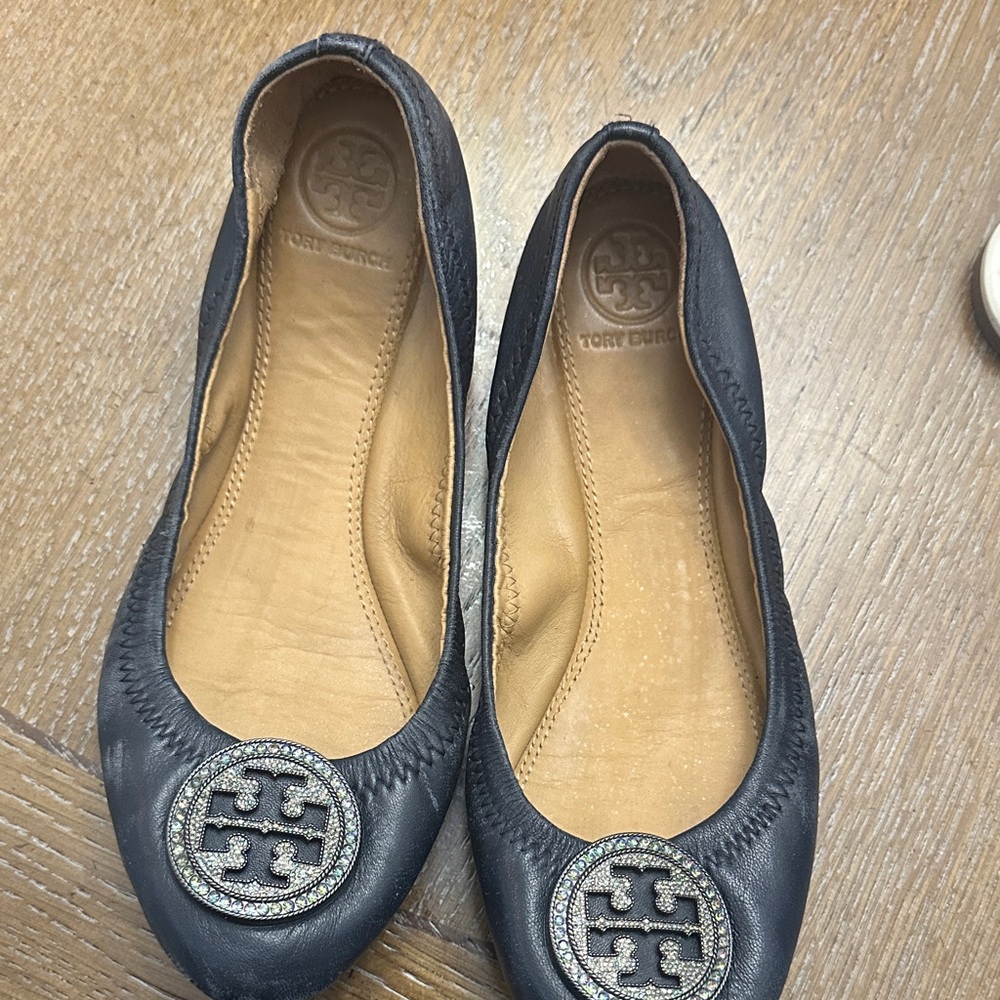 Tory Burch Navy Leather Flats with Silver Logo